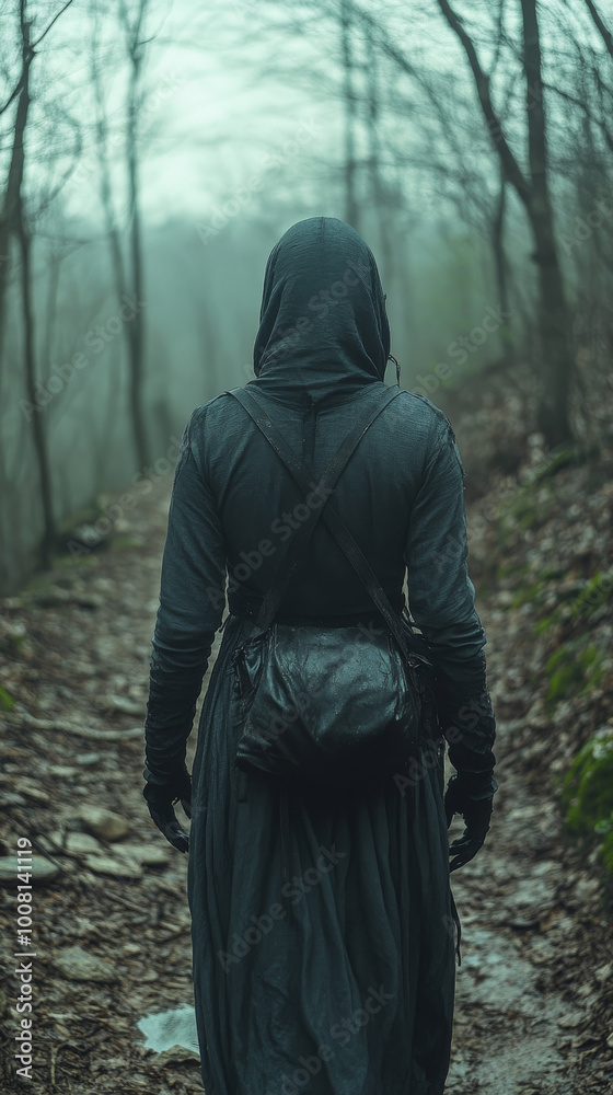 A mysterious figure in a hooded cloak walks through a misty forest. A mysterious figure in a hooded cloak walks through a misty forest.