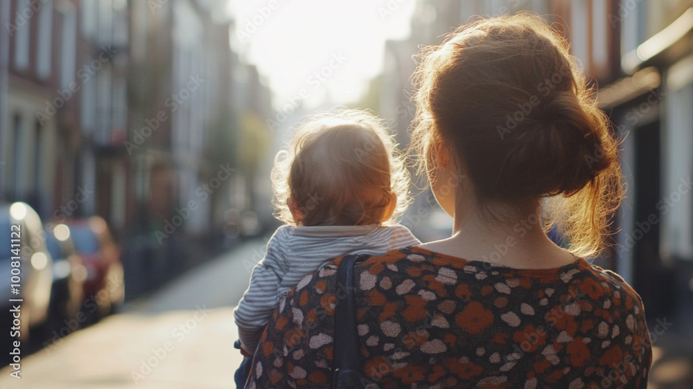 The back of a young mother holding a small child, Photography, Bright scenery, Urban The back of a young mother holding a small child, Photography, Bright scenery, Urban
