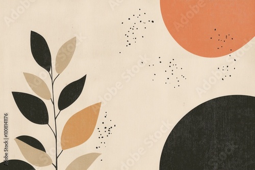 Abstract composition, retro motif poster with twig and geometric shapes. Stylish background with natatorial, botanical, minimalist graphics.