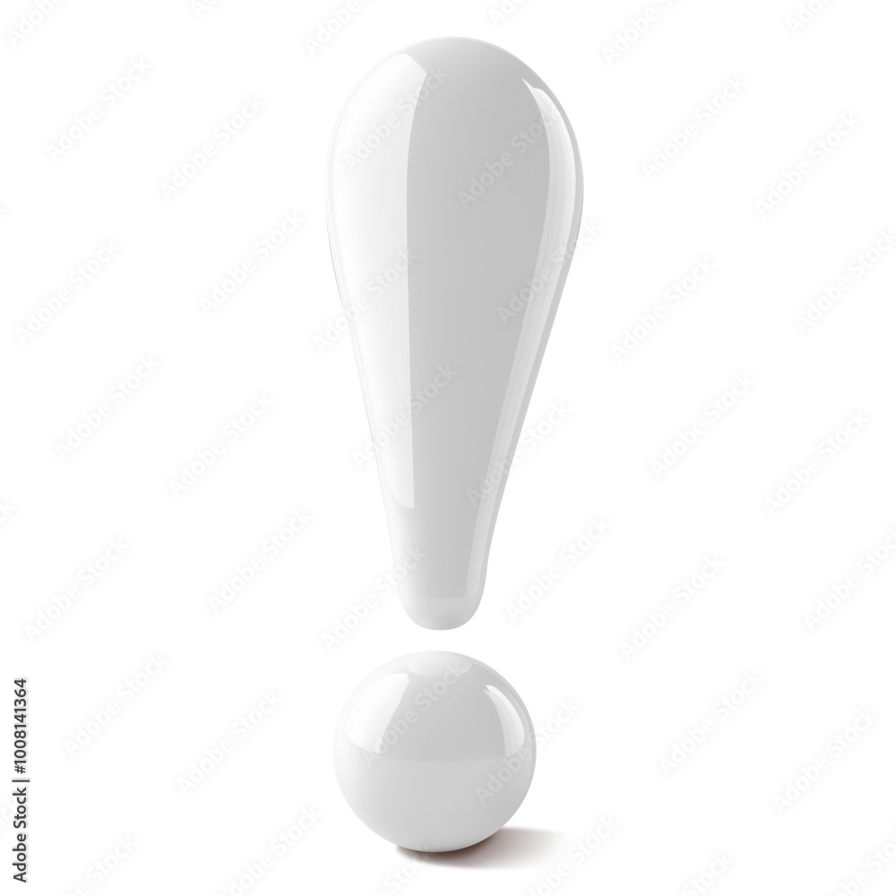 Exclamation mark isolated on white background. White exclamation mark - accent symbol, means of attracting attention. Simple 3d render, glossy material. Exclamation mark isolated on white background. White exclamation mark - accent symbol, means of attracting attention. Simple 3d render, glossy material.