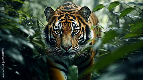 A tiger walks through the lush green foliage of a tropical forest, its intense gaze fixed on the camera