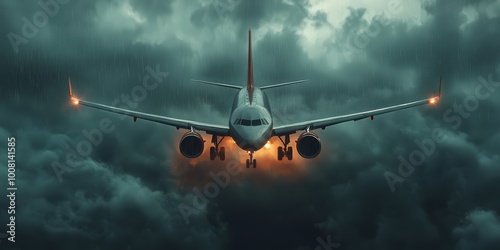 Airplane Flying Through Stormy Skies, Aviation in Rough Weather