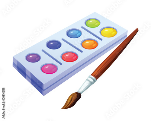 Watercolor palette with a paintbrush, used for painting and art projects. Vector cartoon illustration