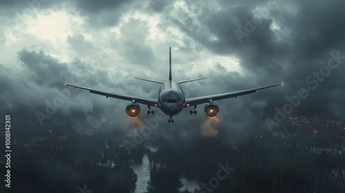 Airplane Flying Through Stormy Skies, Aviation in Rough Weather