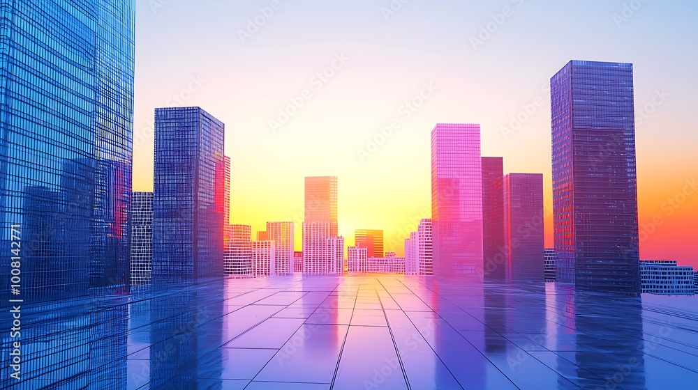 Modern Cityscape with Sunset Reflections Modern Cityscape with Sunset Reflections