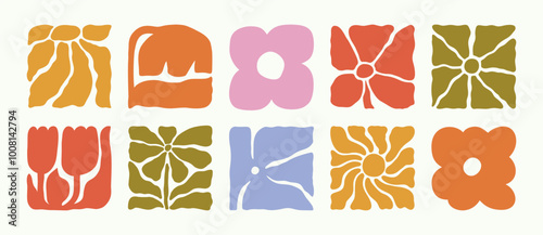 Abstract Flowers in Groovy Retro Style. Modern Floral Illustration. Vector Square Botanical Icons in Freehand Naive Art for Logo, Print, Pattern, Poster, Web Design