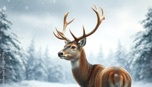 A deer with antlers is standing in the snow