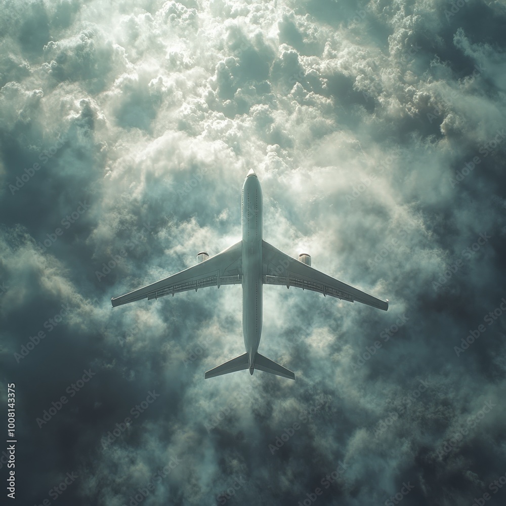 Naklejka premium Airplane Flying Through Stormy Skies, Aviation in Rough Weather