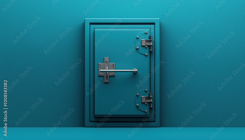 A secure turquoise safe with intricate locks, ideal for concepts of security, protection, and wealth storage. A secure turquoise safe with intricate locks, ideal for concepts of security, protection, and wealth storage.