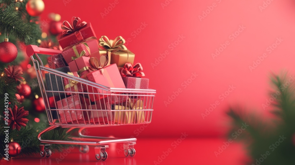 A Shopping Cart Overflowing with Wrapped Christmas Gifts A Shopping Cart Overflowing with Wrapped Christmas Gifts