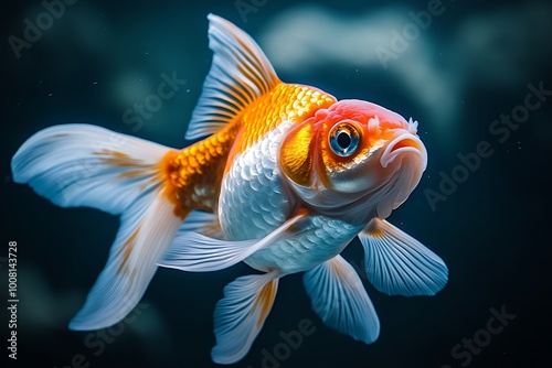 Close-up of a Beautiful Goldfish with Orange and White Scales.