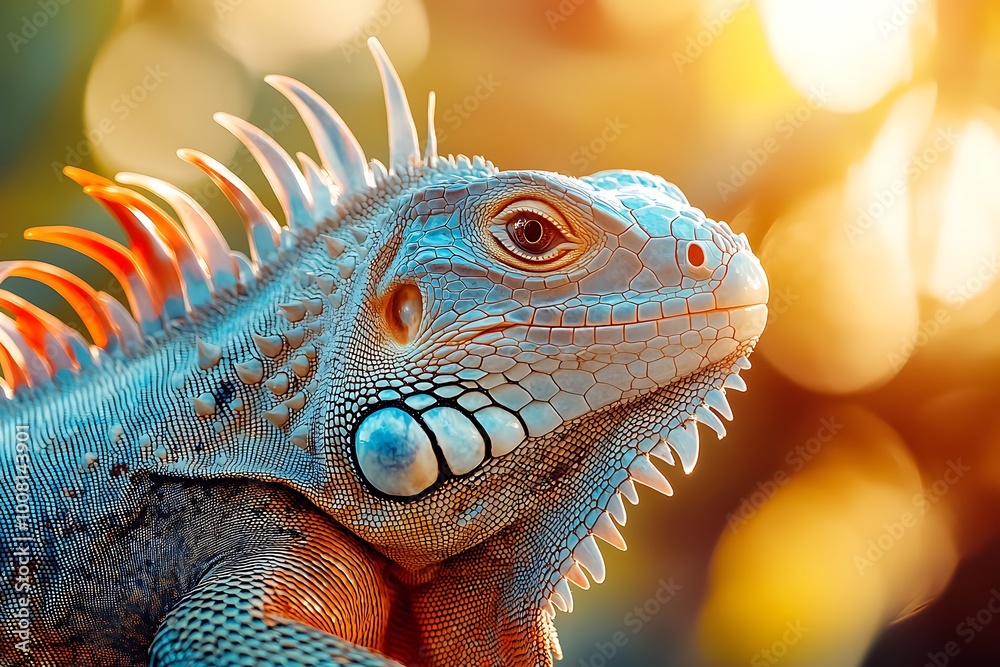 Fototapeta premium Close-up Portrait of a Green Iguana with a Blurry Bokeh Background.