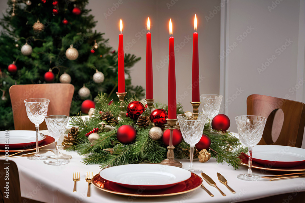 Festive Christmas table setting. Quiet luxury in everything. Red, white, green, gold. Christmas mood, the anticipation of the holiday. Banner, wallpaper, postcard, background, social media post. Festive Christmas table setting. Quiet luxury in everything. Red, white, green, gold. Christmas mood, the anticipation of the holiday. Banner, wallpaper, postcard, background, social media post.