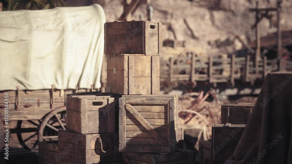 A series of wooden crates are stacked beside a covered wagon in a rustic outdoor area. The scene captures a moment in a historically inspired setting, suggesting activity and transport. A series of wooden crates are stacked beside a covered wagon in a rustic outdoor area. The scene captures a moment in a historically inspired setting, suggesting activity and transport.