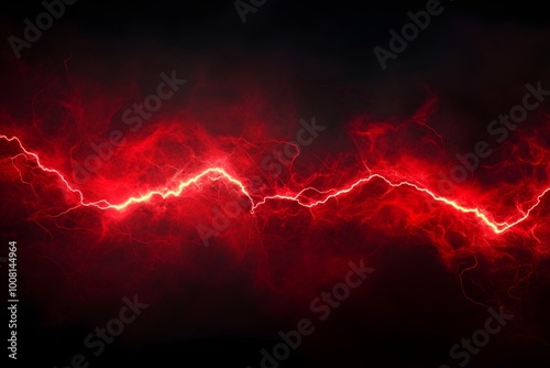 Dramatic red and black background of lightning striking through stormy clouds for energy, power, danger, electric concept