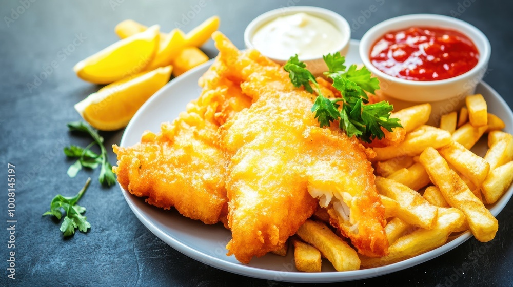 Crispy fish chips with tangy dipping sauces on dark table Crispy fish chips with tangy dipping sauces on dark table