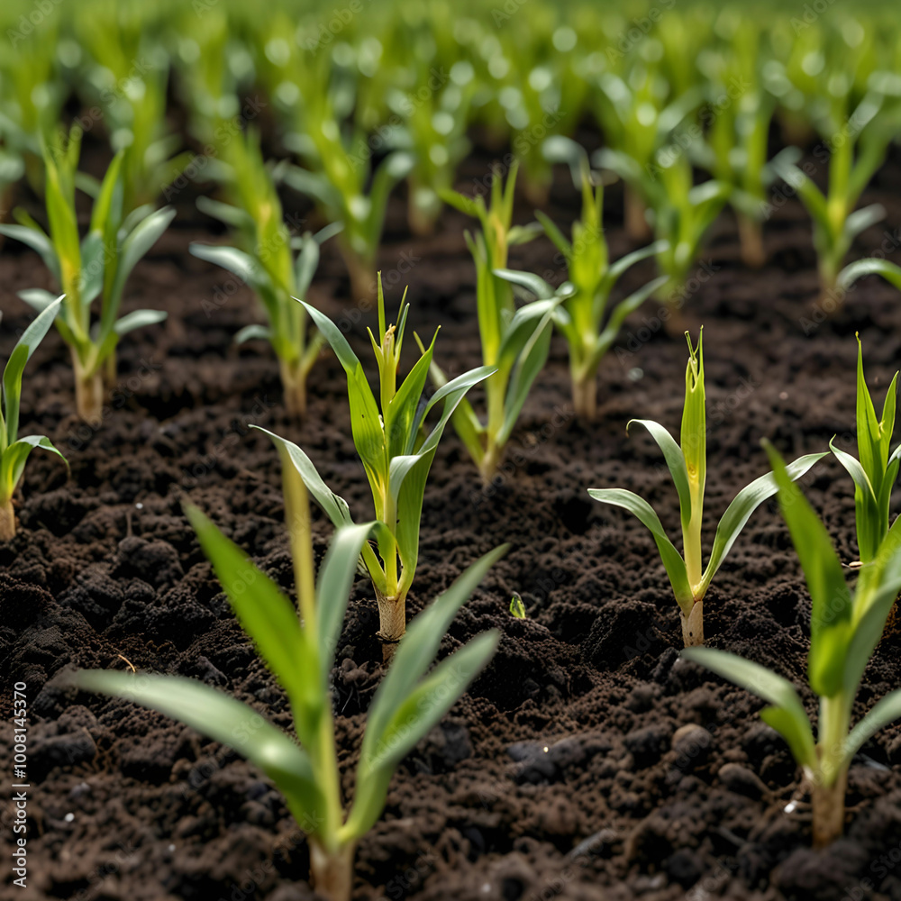 Corn seedlings in field green maize sprouts on agricultural plantation Corn seedlings in field green maize sprouts on agricultural plantation