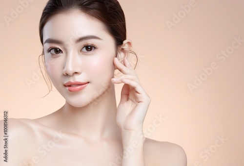 Pretty woman for face wash product model, with hand on her face, fresh face, beautiful, glowing, healthy skin