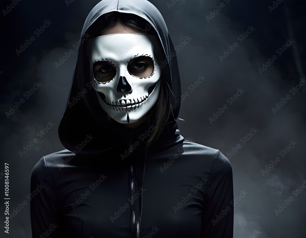 Create an eerie and surreal portrait of a young girl with pale skin and large, expressive eyes. Half of her face is covered by a dark, glossy black skull mask, contrasting with her delicate, innocent Create an eerie and surreal portrait of a young girl with pale skin and large, expressive eyes. Half of her face is covered by a dark, glossy black skull mask, contrasting with her delicate, innocent