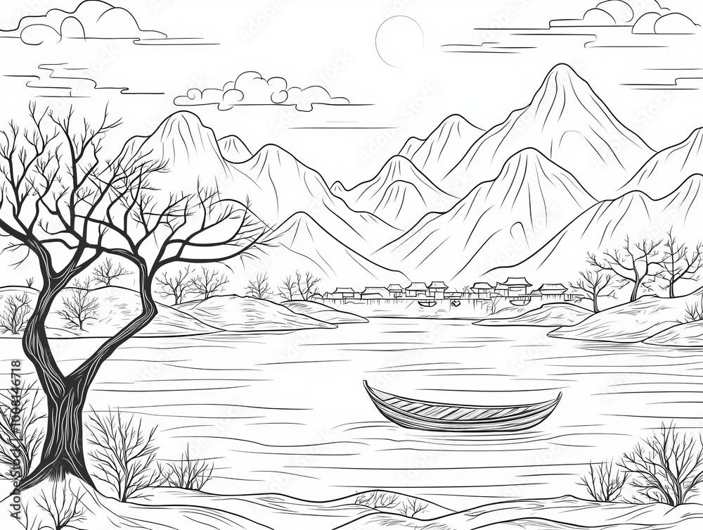 Naklejka premium Black and white line art of serene mountains in shades of celadon, a tranquil lake, autumn barren trees, thin mist, a lone boat, a distant village under a setting sun, and a cold breeze, in the style