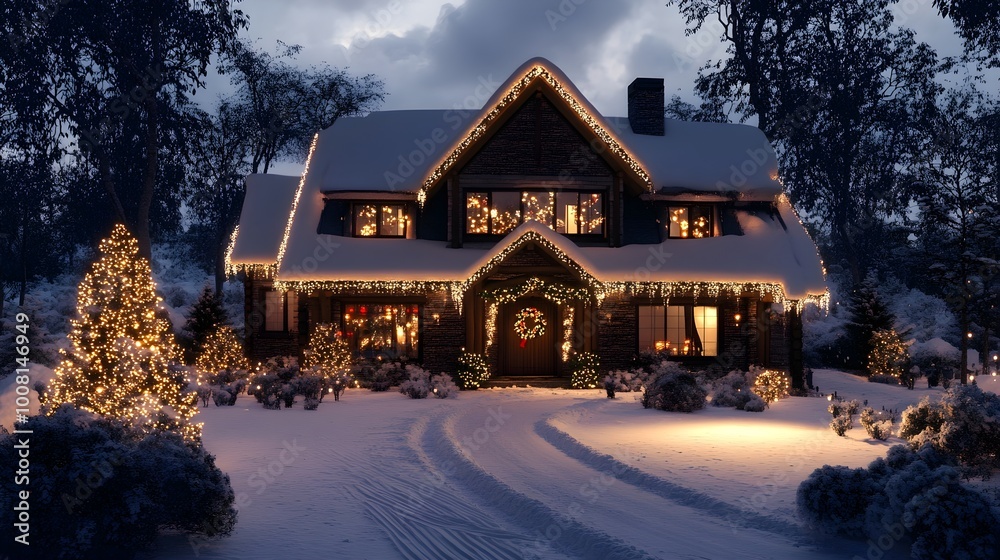 Christmas lights shining snowy house at night picture Christmas lights shining snowy house at night picture
