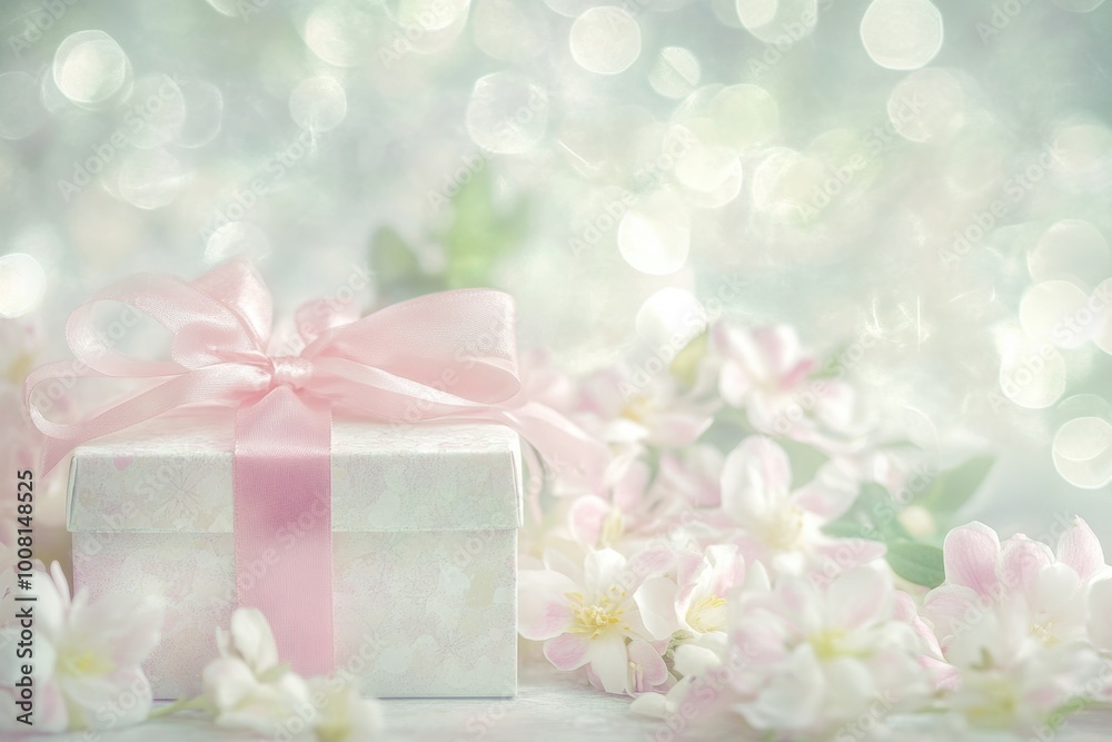 Fototapeta premium Dreamy floral gift box with pastel backdrop