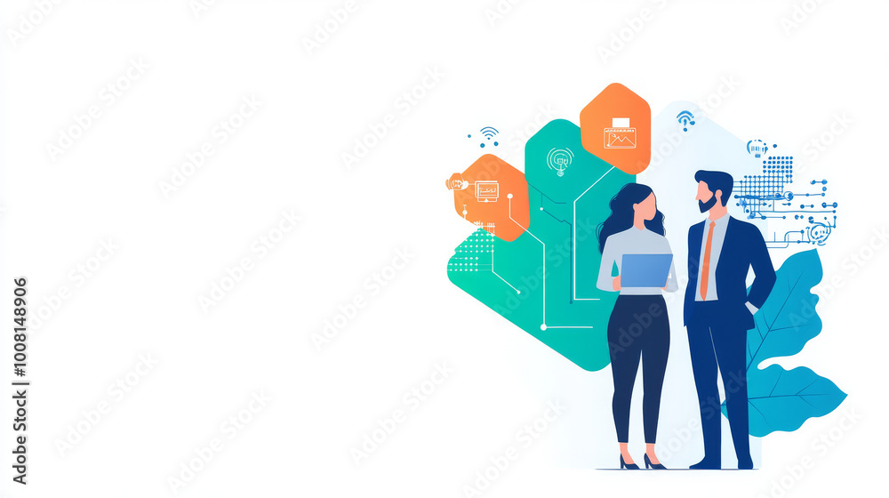 Business colleagues discuss ideas in front of a digital background. Business colleagues discuss ideas in front of a digital background.