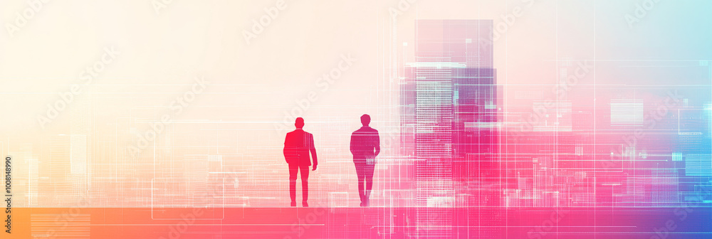 Fototapeta premium Two businessmen stand facing a digital city skyline.