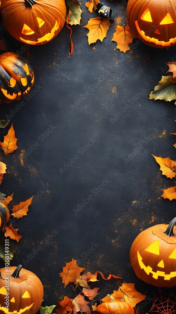 Spooky Halloween Pumpkin Landscape with Autumn Leaves on Dark Background Spooky Halloween Pumpkin Landscape with Autumn Leaves on Dark Background