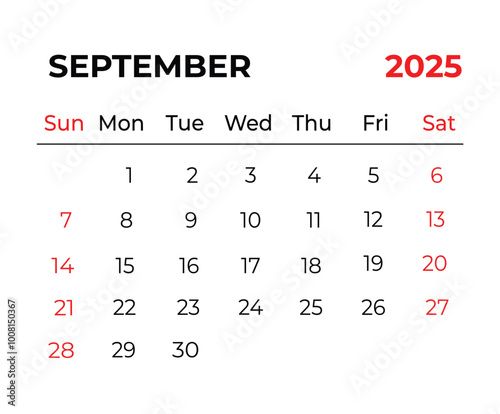 September 2025 Monthly Calendar design with clean look and week starts from sunday