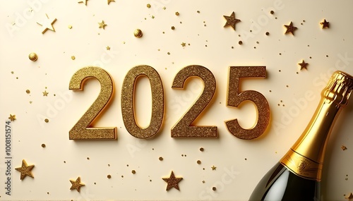 2025 sign with Champagne Bottle with Golden Streamers and Confetti on Beige, happy new year celebration background. photo