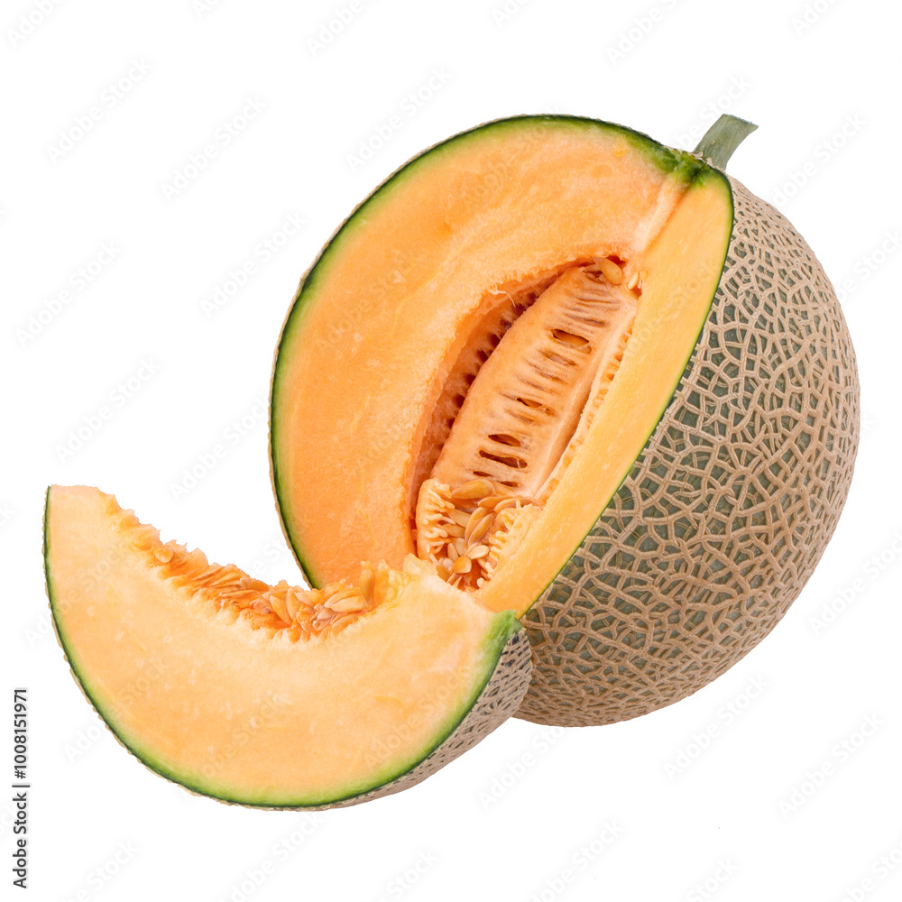 Orange melon or cantaloupe melon with seeds isolated on white background Orange melon or cantaloupe melon with seeds isolated on white background