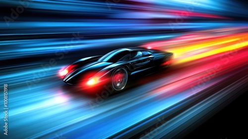 Futuristic sports car speeding with vibrant light trails