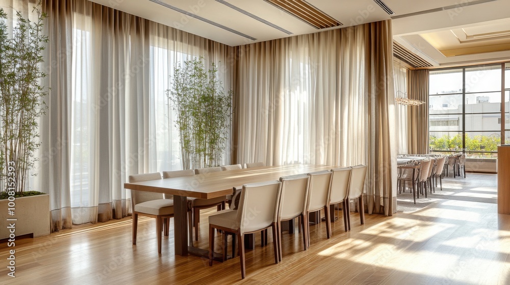 modern dining area featuring floor-to-ceiling curtains that add elegance to the space modern dining area featuring floor-to-ceiling curtains that add elegance to the space
