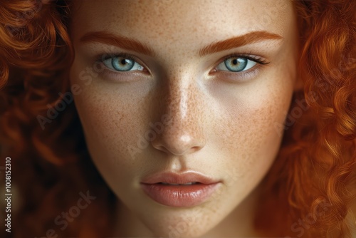 Radiant redhead beauty with striking blue eyes freckles