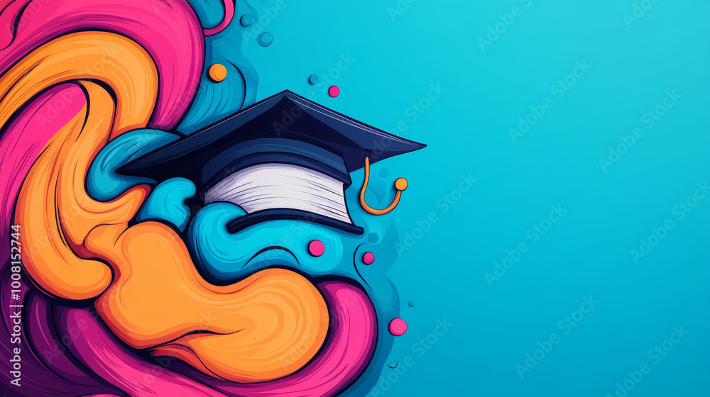 A graduation cap surrounded by colorful abstract shapes.