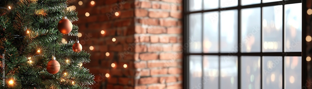 Fototapeta premium A cozy Christmas scene featuring a beautifully decorated tree by a large window, illuminated by soft glowing lights.