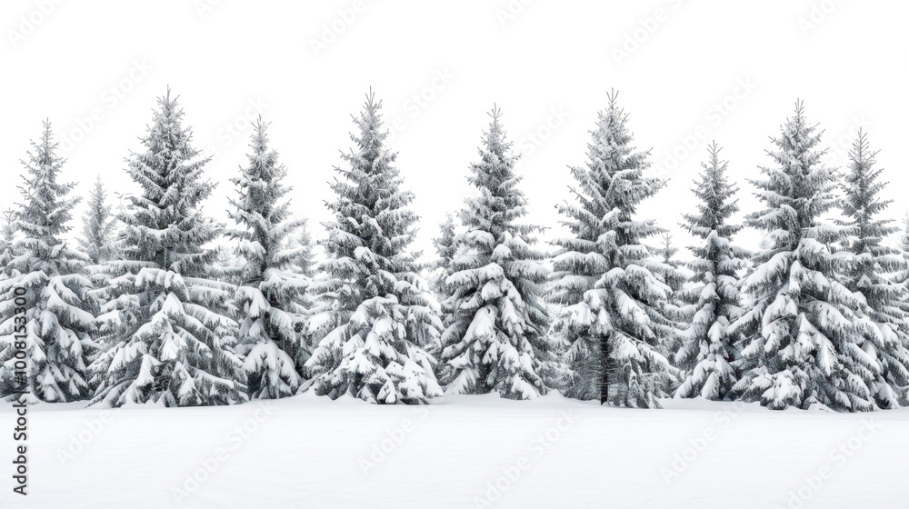 Fototapeta premium Winter landscape with pine trees covered in snow on white background