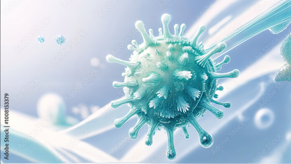 A virus is highlighted against a soft blue background, revealing its complex structure. The image captures fine details, emphasizing its unique shape and texture A virus is highlighted against a soft blue background, revealing its complex structure. The image captures fine details, emphasizing its unique shape and texture