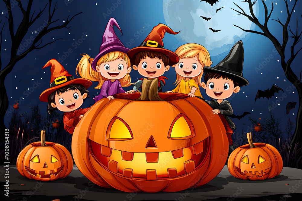character cartoon Halloween Kids Costume Party. Group of kids in Halloween costume sitting on a giant pumpkin character cartoon Halloween Kids Costume Party. Group of kids in Halloween costume sitting on a giant pumpkin
