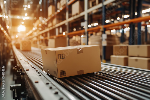 A Cardboard Box Moves Along a Conveyor Belt in a Warehouse