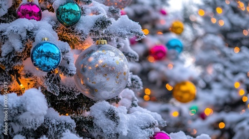 -covered Christmas tree adorned with colorful ornaments