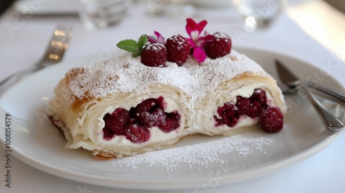 A white plate topped with a pastry covered in powdered sugar