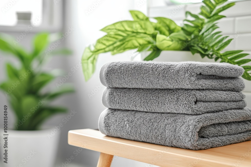 Stacked soft grey bath towels on wooden bench in spa setting Stacked soft grey bath towels on wooden bench in spa setting