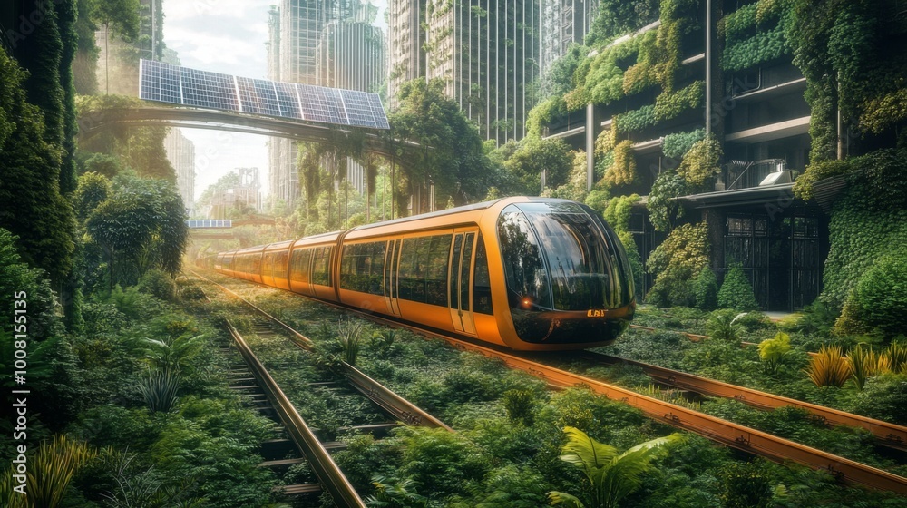 Naklejka premium A futuristic train traveling through a lush overgrown city.
