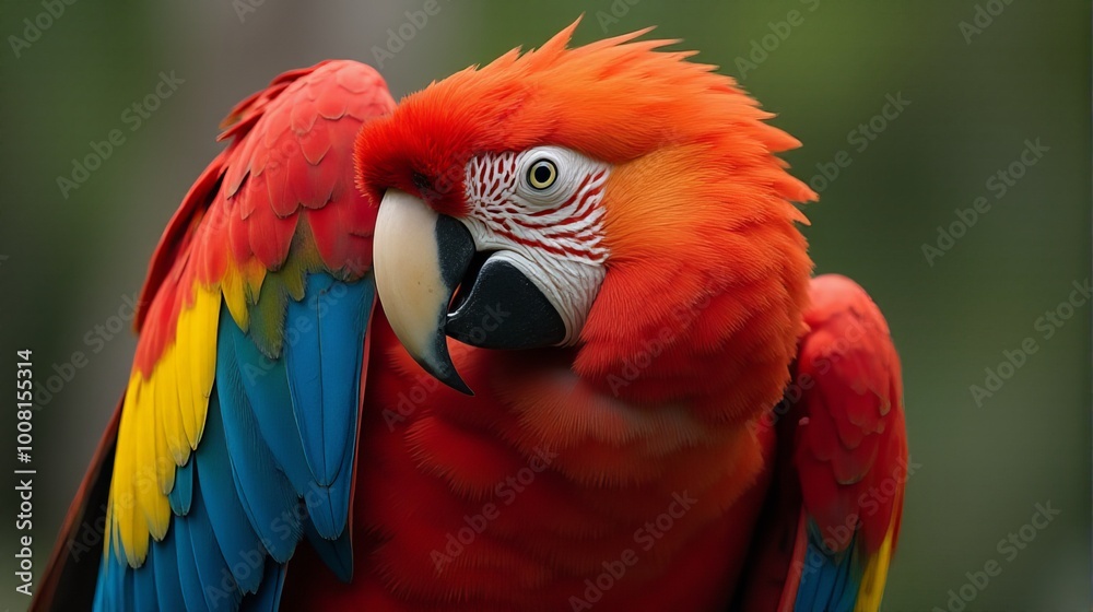Fototapeta premium Close Up of a Scarlet Macaw Showcasing its Vibrant Feathers