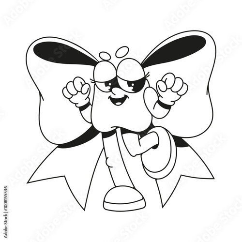 Groovy Bow. Cute retro character in rubber hose style. Funny holiday illustration, print on t-shirt. Coquette core. For printable children's and adults coloring page or book, kids toddler activity.