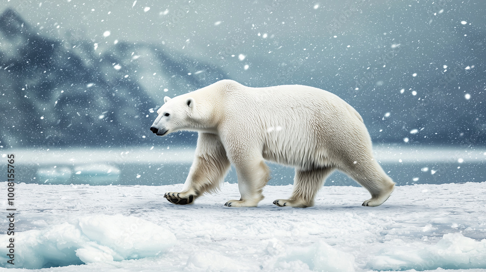 Polar Bear Walking Across a Snow-Covered Arctic Landscape