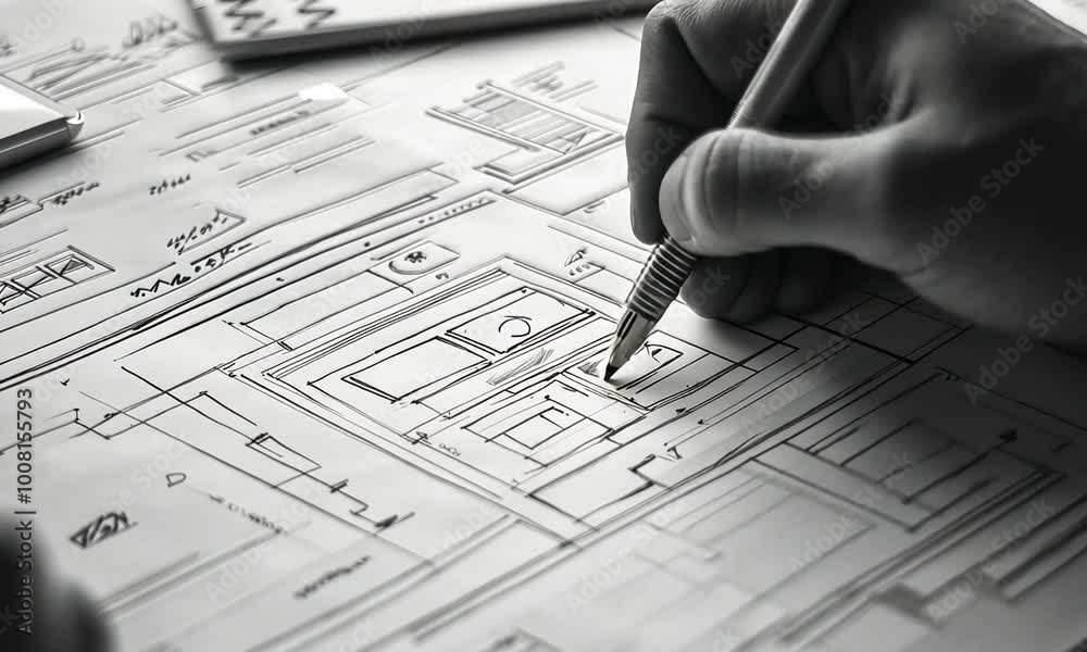 A hand draws a website design on paper with a pen.