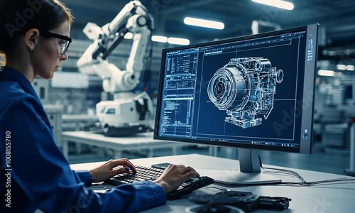 A female engineer works on a computer designing a complex machinery part in a factory setting.